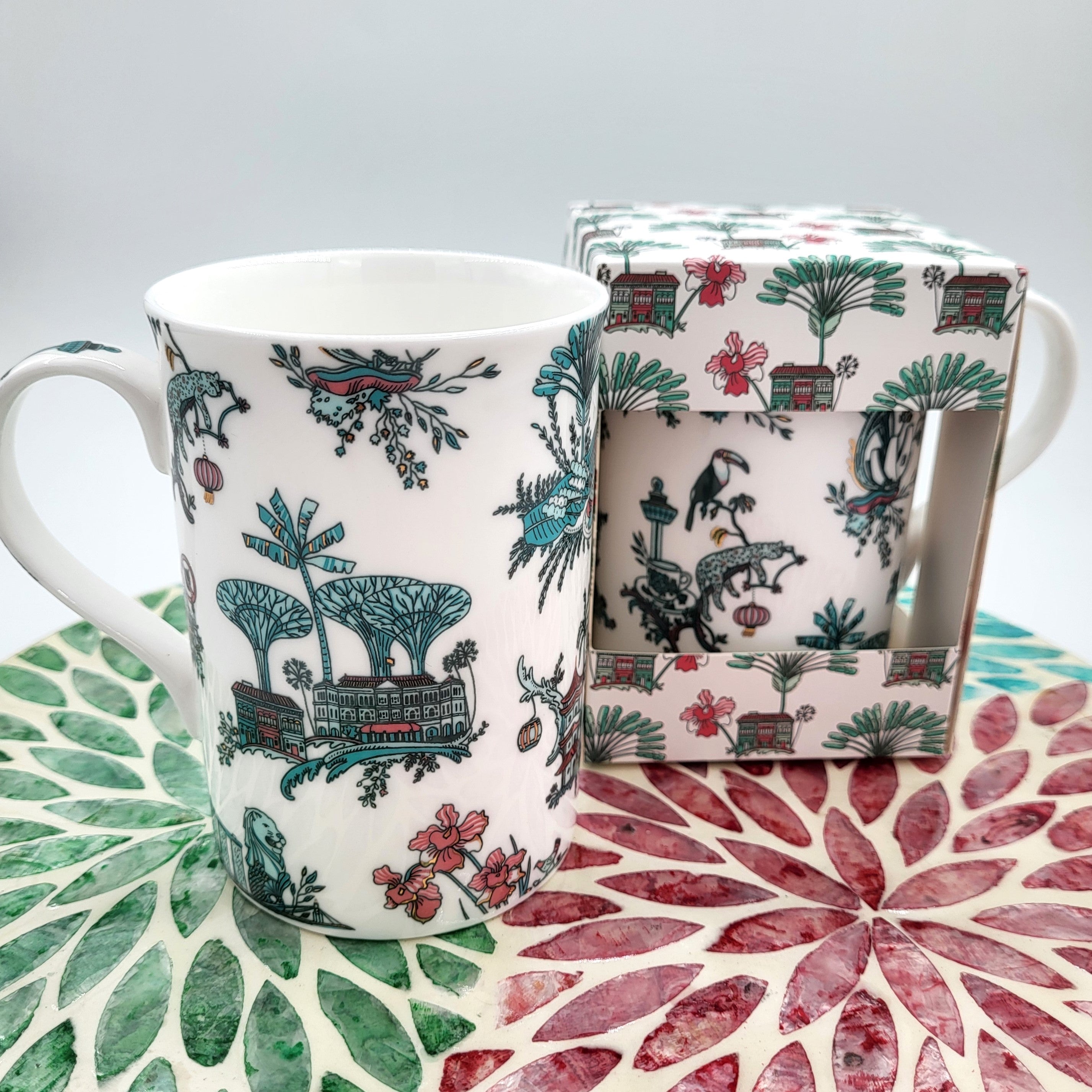 Fine bone china mug in the Singapore Toile design, 10.8 cm tall, 350 ml, in a gift box