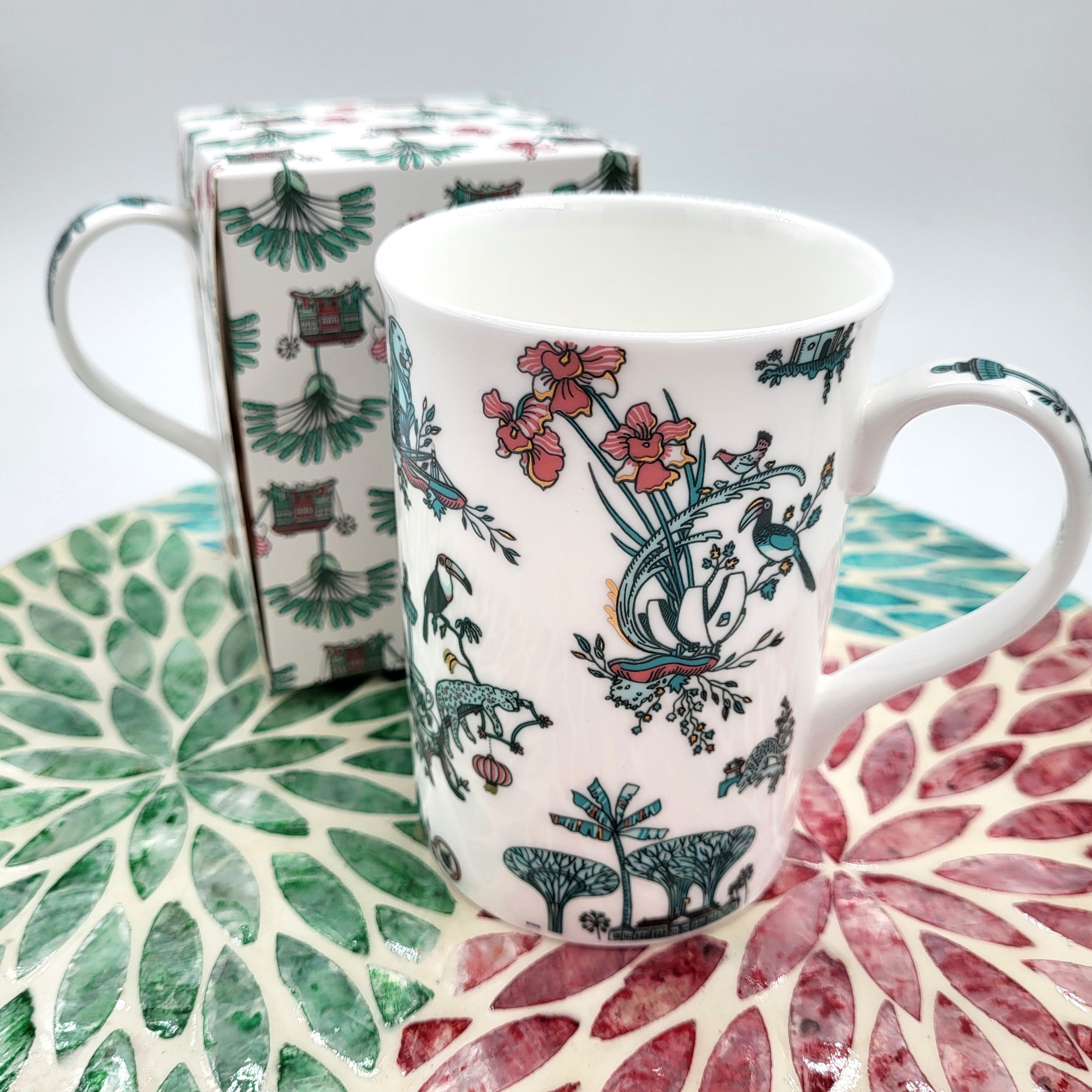 Singapore Toile mug from Inside Living, fine ceramic mug with heritage East-meets-West toile pattern, styled in situ