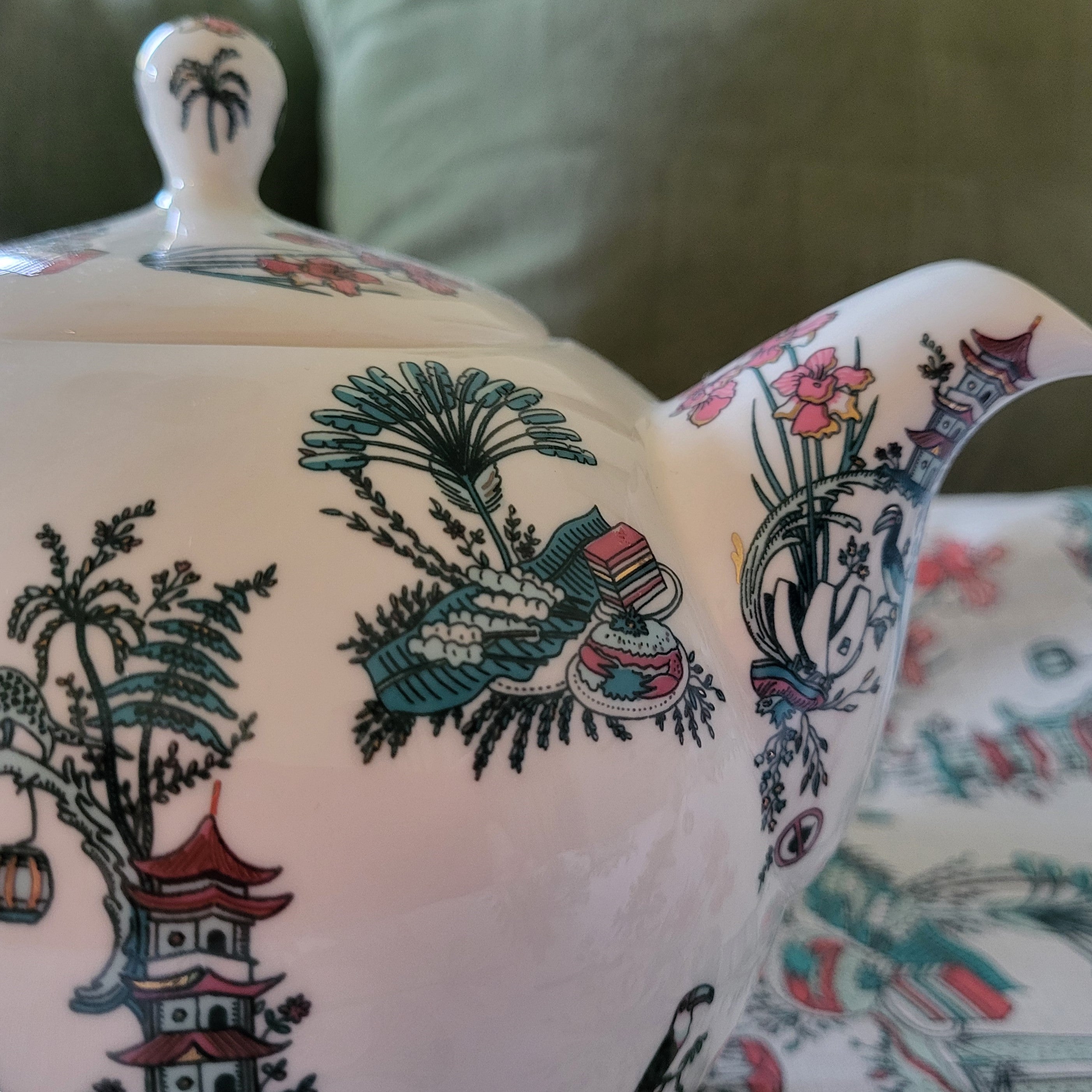 Singapore Toile teapot from Inside Living, fine ceramic teapot with heritage East-meets-West toile pattern, styled in situ