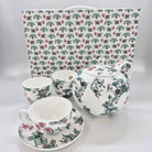Fine bone china Singapore Toile tea set with teapot, two cups and saucers and two cups, in a gift box