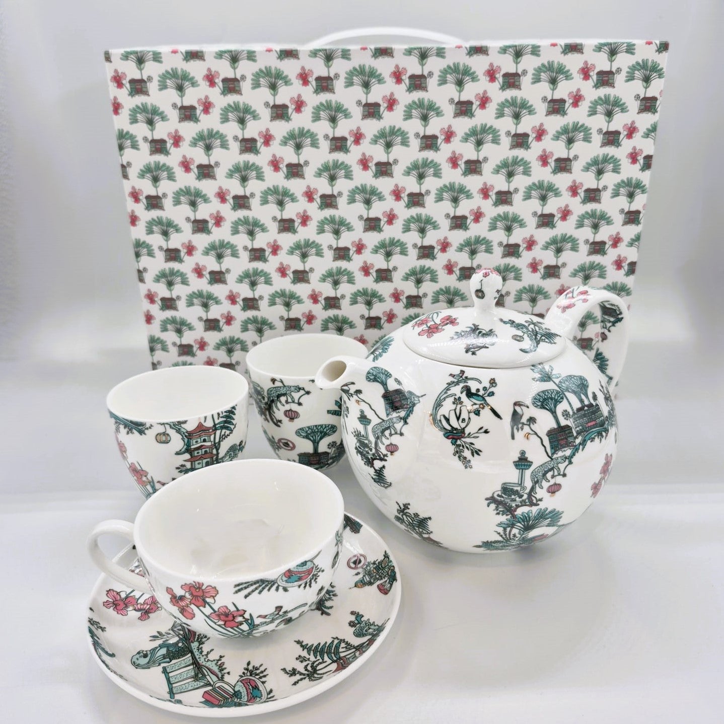 Fine bone china Singapore Toile tea set with teapot, two cups and saucers and two cups, in a gift box