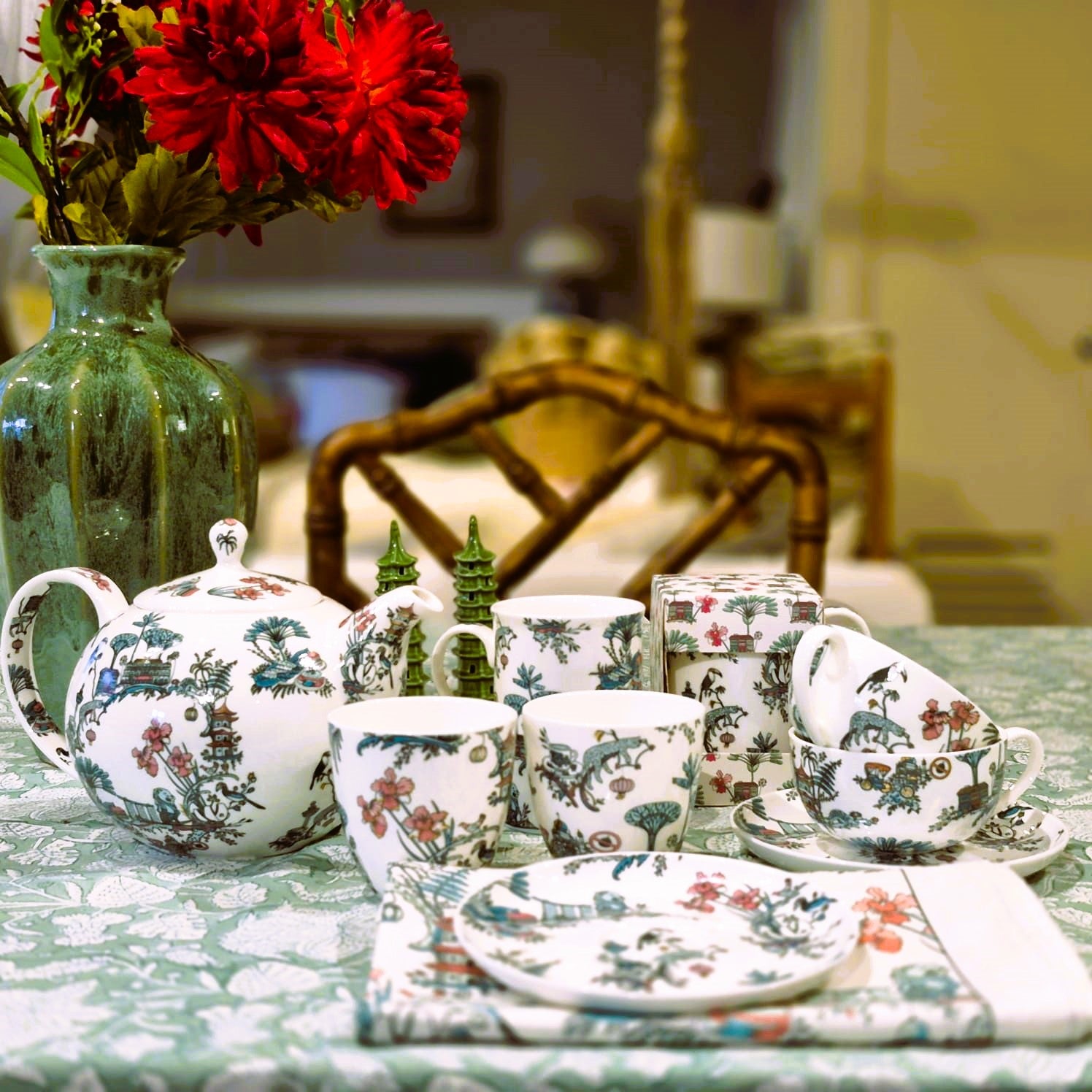 Singapore Toile tea set from Inside Living, fine ceramic teapot and cups with heritage toile pattern, detail view