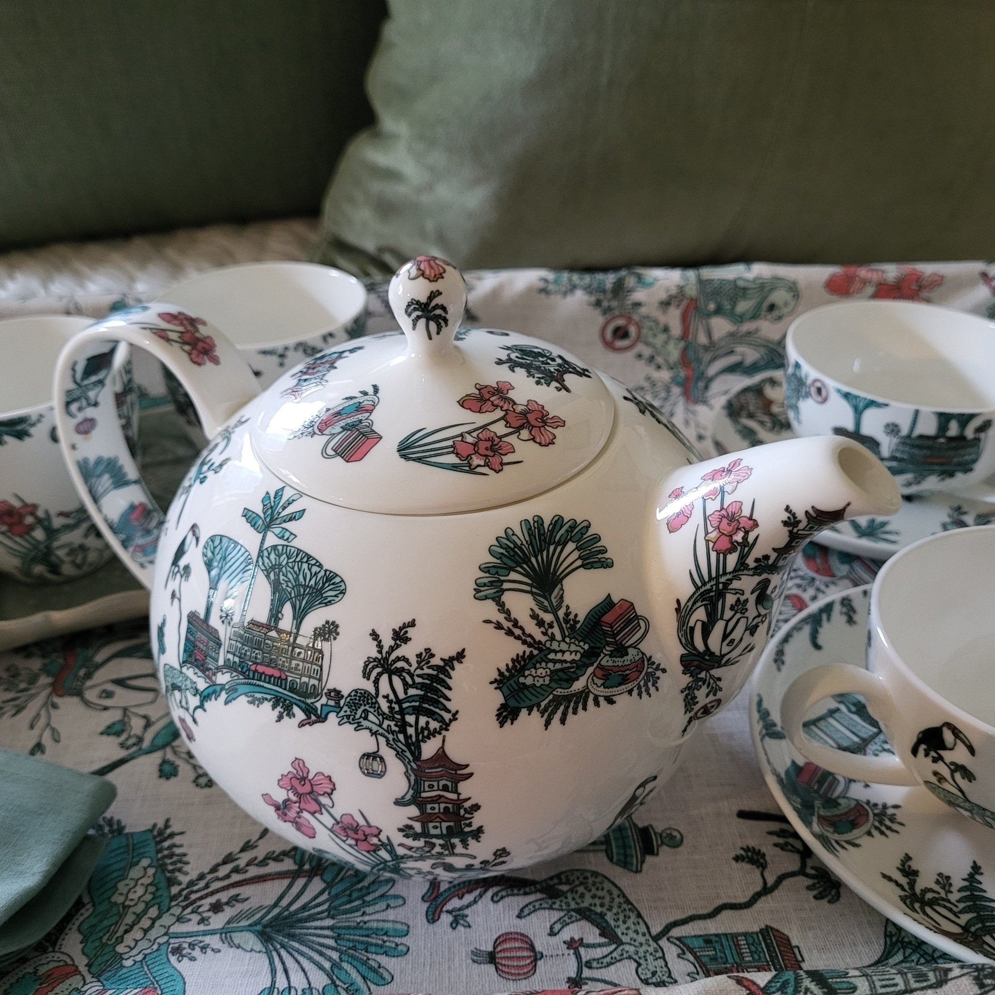 Singapore Toile tea set from Inside Living, fine ceramic teapot and cups with heritage toile pattern, alternate view