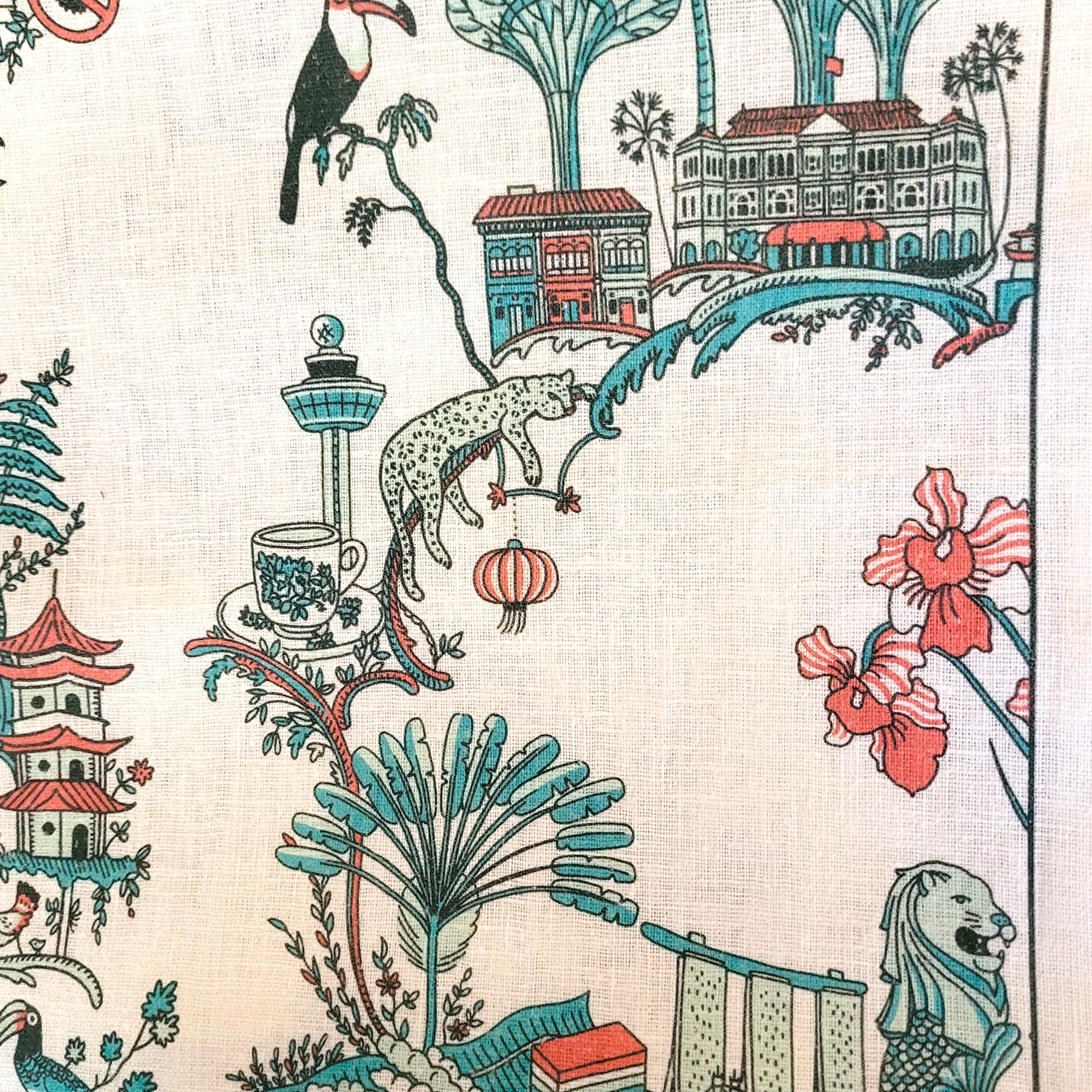 Singapore Toile tea towel from Inside Living, cotton kitchen towel with heritage East-meets-West toile pattern, side view