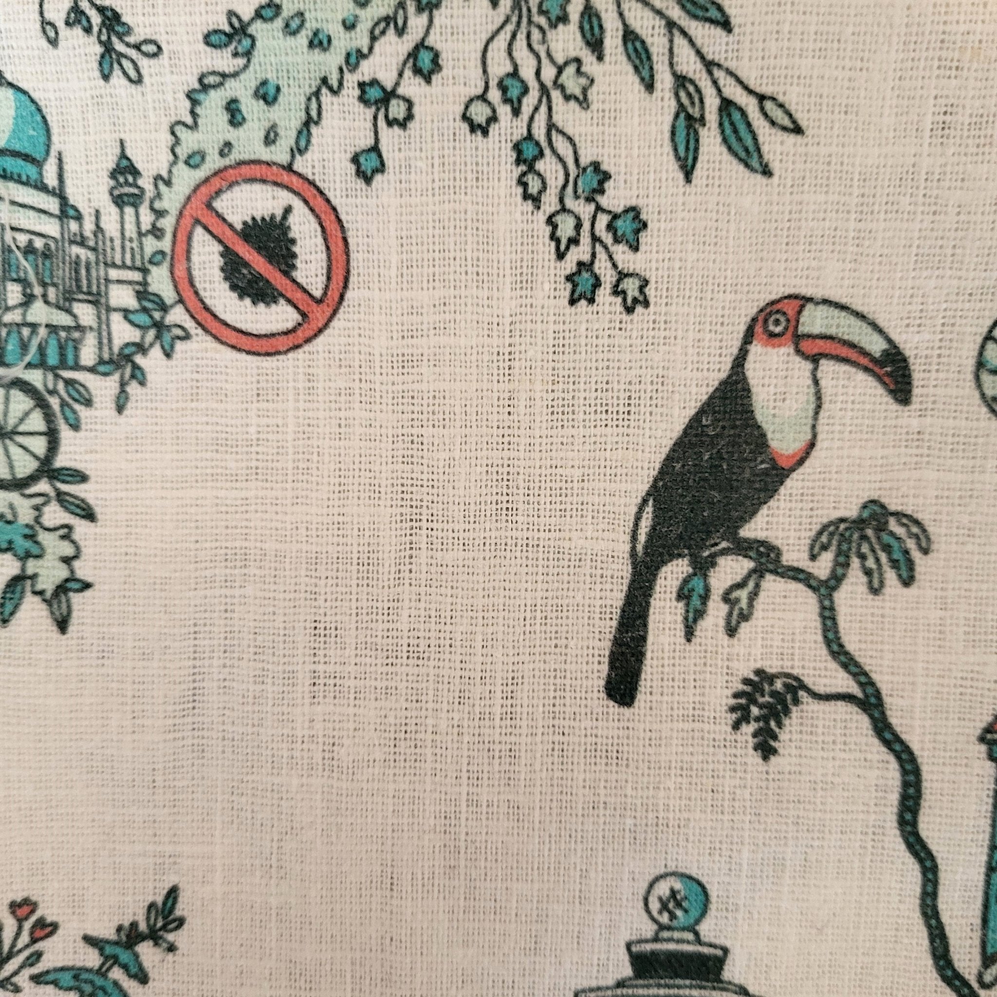 Singapore Toile tea towel from Inside Living, cotton kitchen towel with heritage East-meets-West toile pattern, detail view