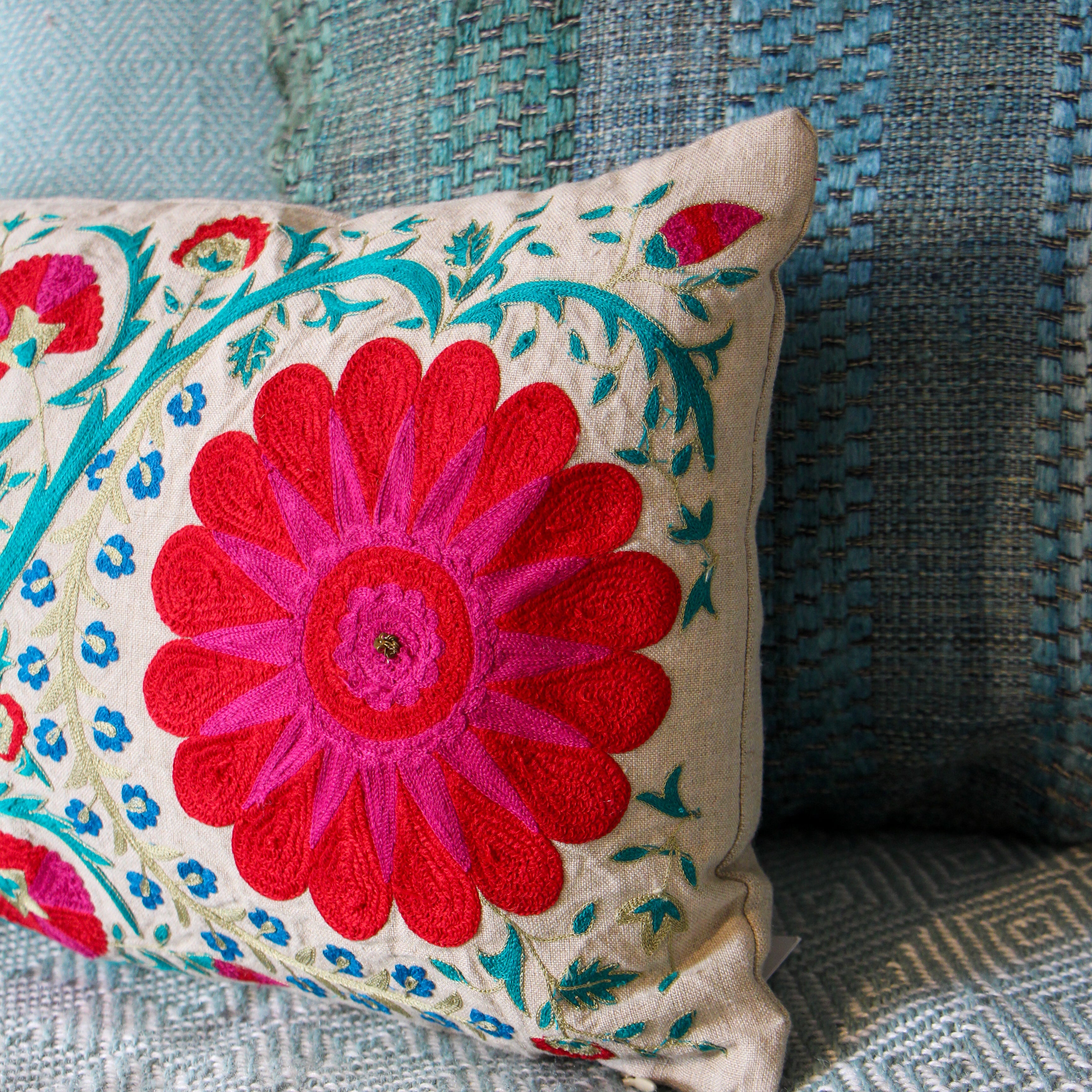 Suzani Linen Cushion Fergana, styled in a home setting at Inside Living Singapore.