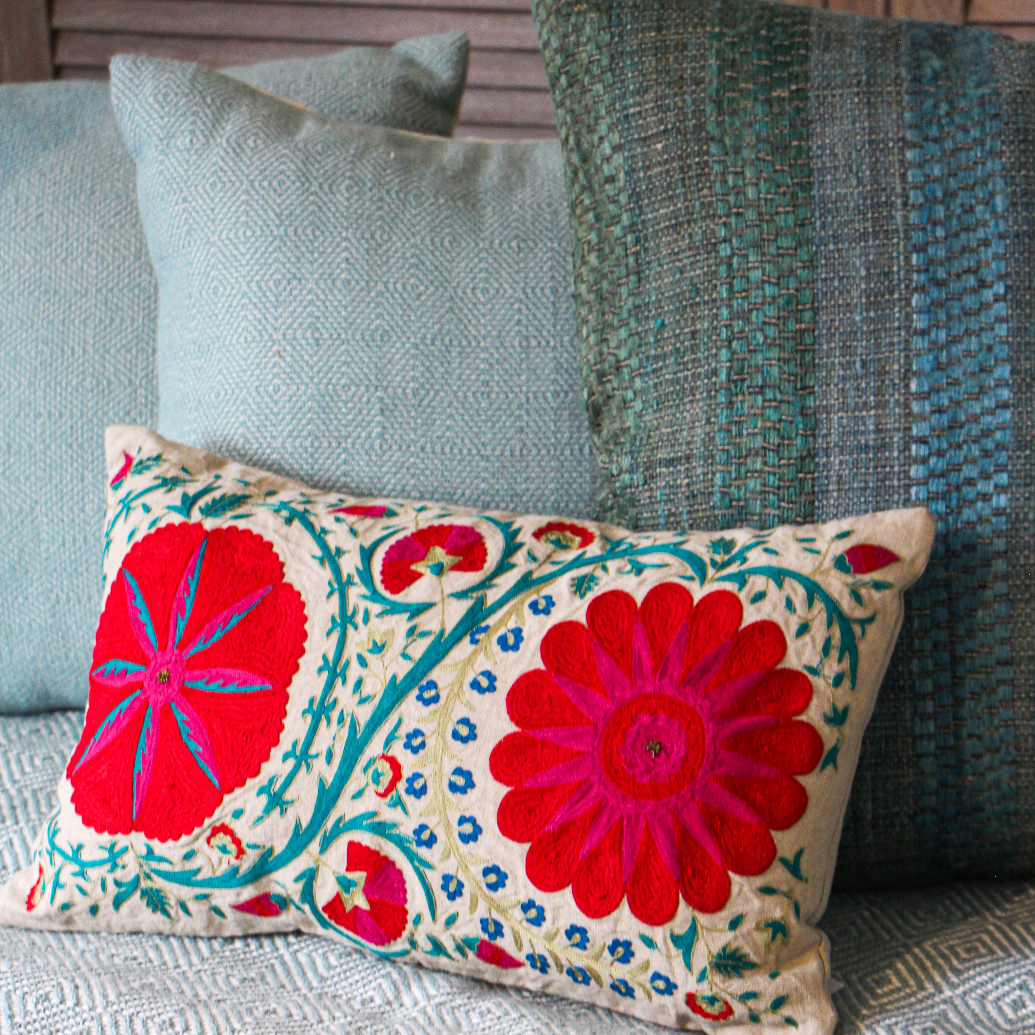 Suzani Linen Cushion Fergana, part of the Chair & Sofa Cushions collection at Inside Living Singapore, alternative angle.
