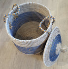 Blue seagrass laundry basket with lid from Inside Living, woven natural-fibre storage hamper for the home, reverse view