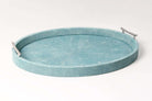 Oval serving tray in teal faux shagreen with stainless steel twig handles, for drinks, serving or display