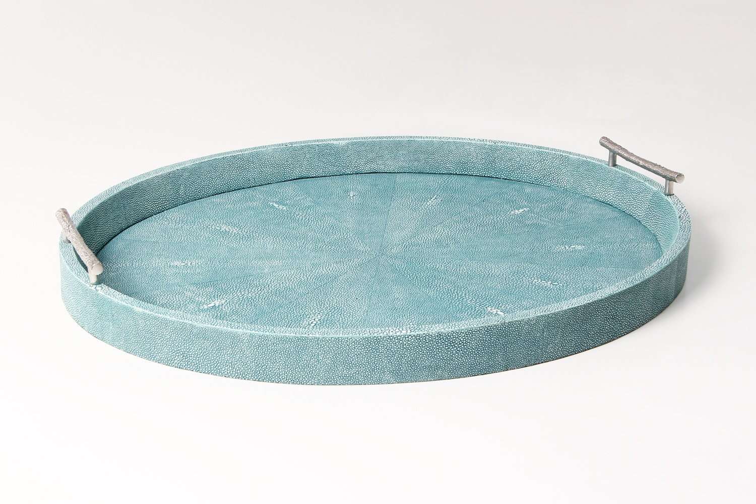 Oval serving tray in teal faux shagreen with stainless steel twig handles, for drinks, serving or display