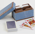 Duke blue faux shagreen playing card box with walnut wood lining, holds one pack, 12 x 6 x 8 cm