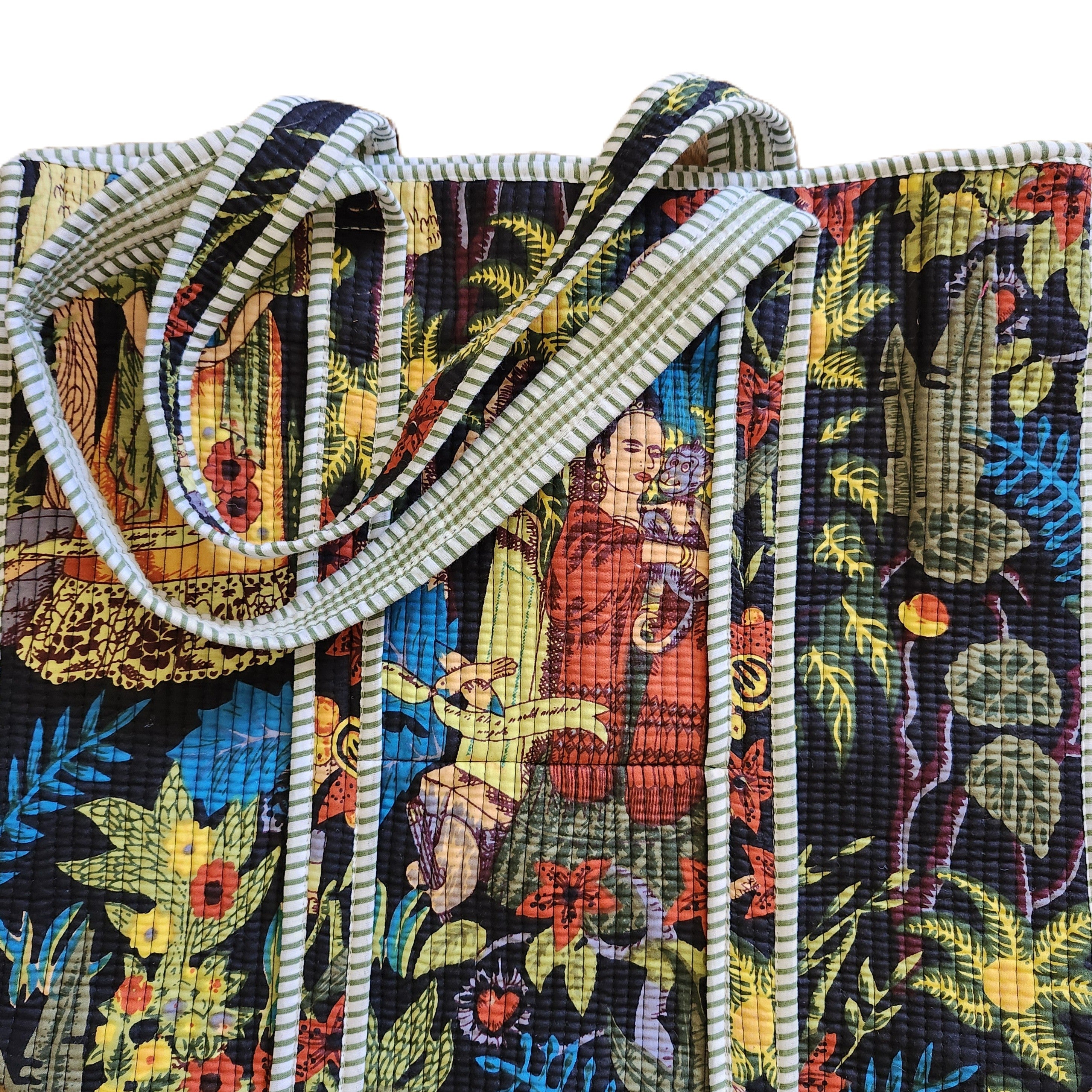 Quilted cotton block print shopper bag with contrast lining and inner pocket, 43 x 12 x 35.5 cm