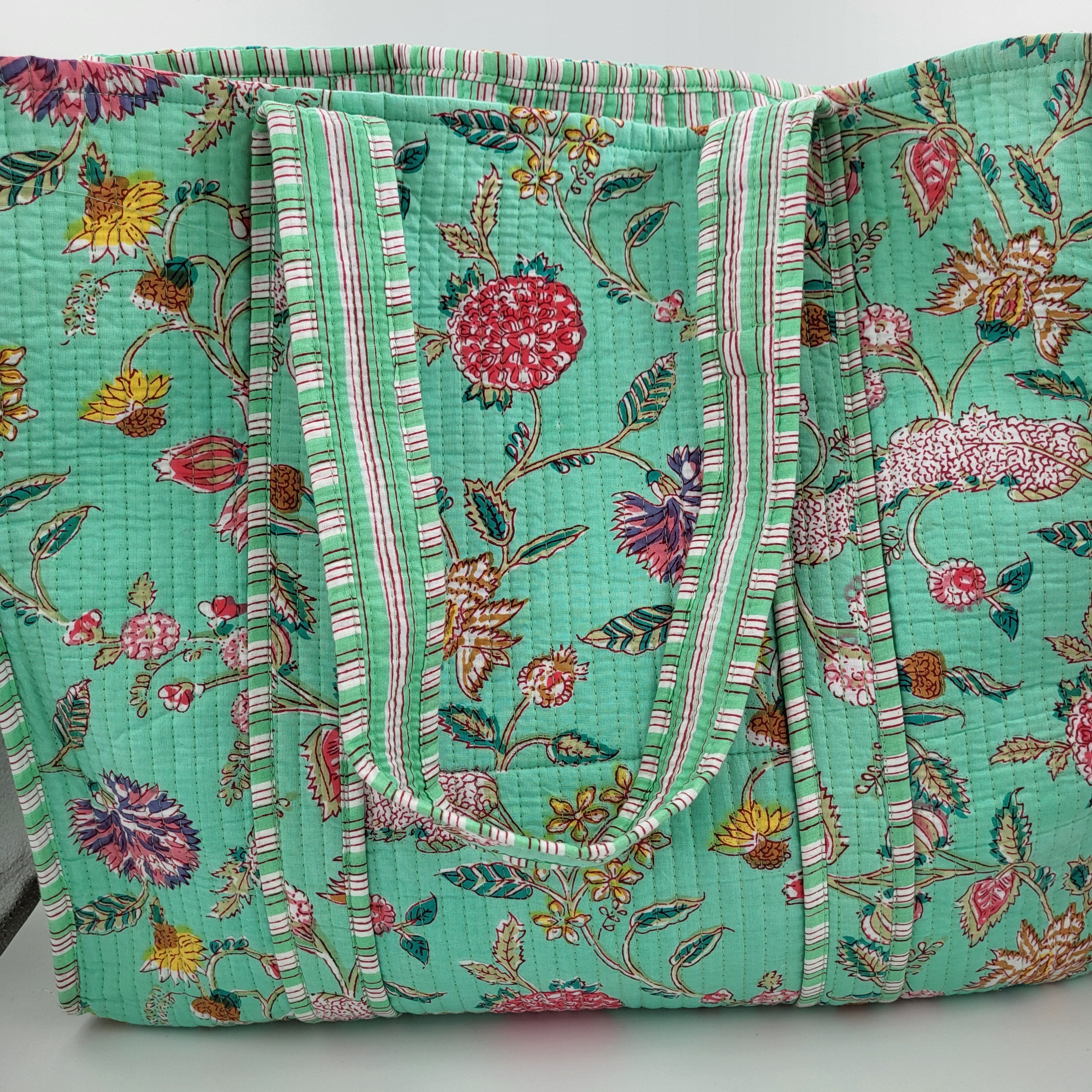 Block Print Shopper Bag Flower from Inside Living Singapore, handbags. Shown styled in a home setting.
