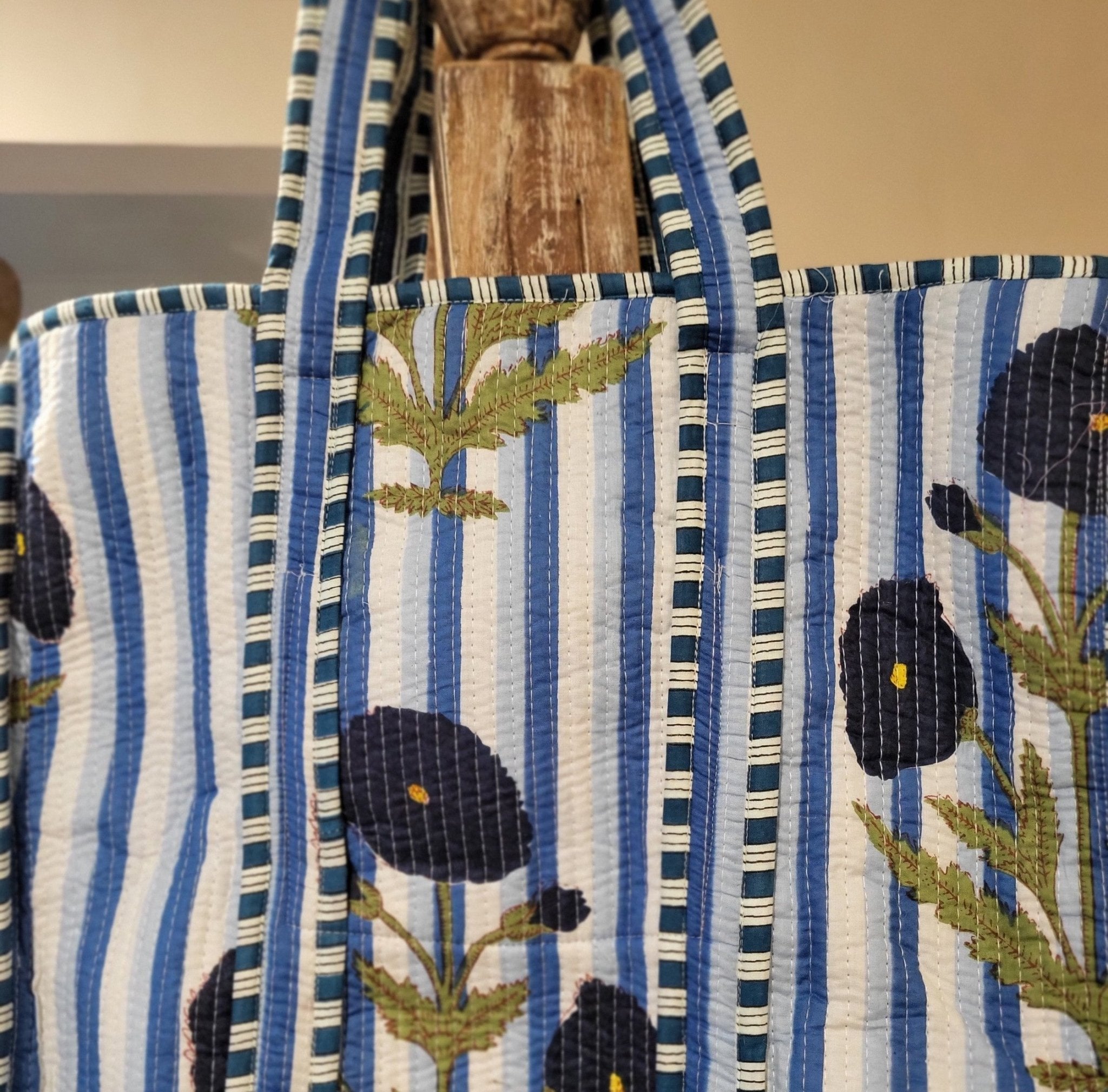 Block Print Shopper Bag Flower from Inside Living Singapore, handbags. Shown close-up detail.