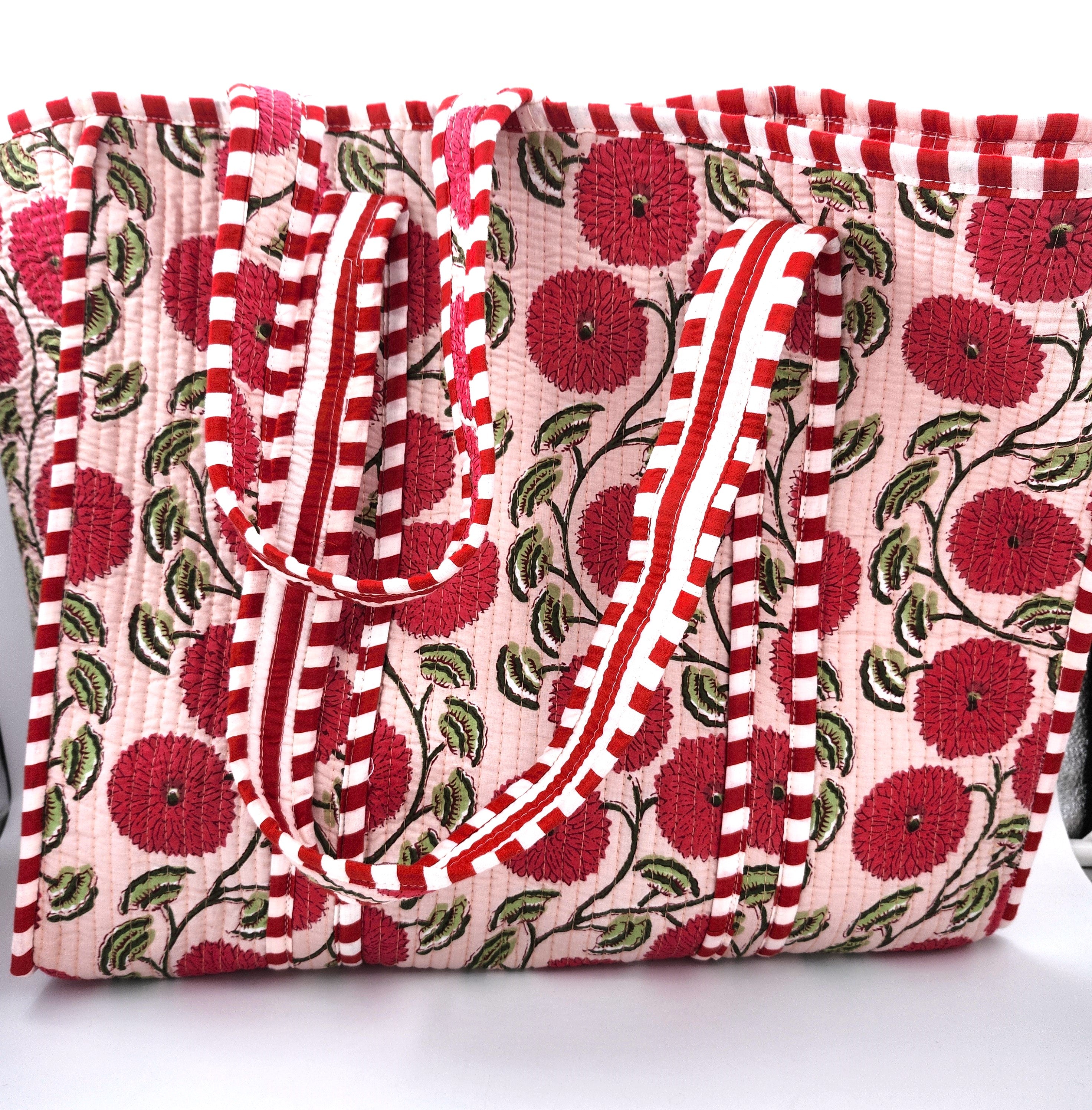 Block Print Shopper Bag Flower from Inside Living Singapore, handbags. Shown in use.