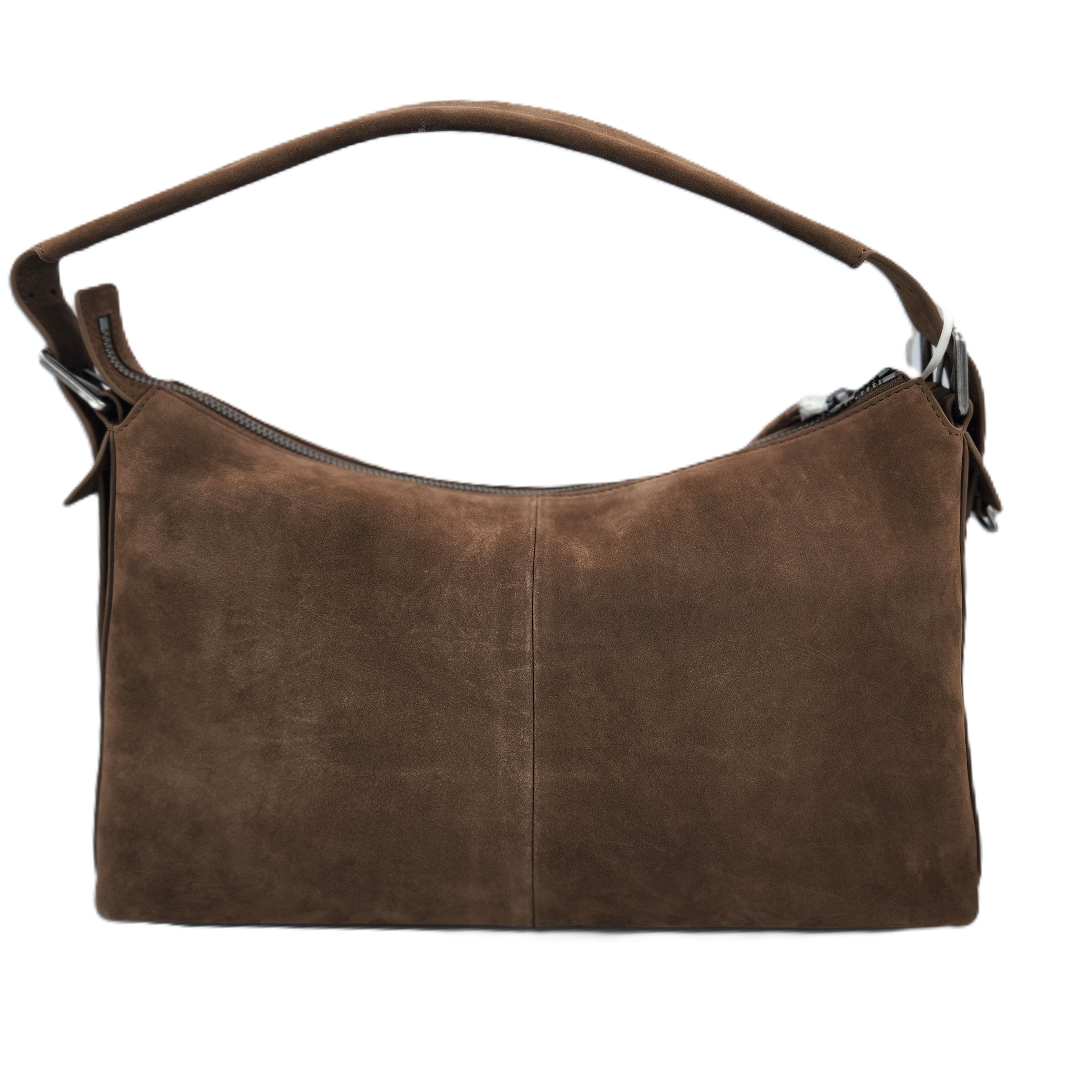 Soft suede city bag in light brown with adjustable leather strap and zip closure, 34 x 22 x 14cm