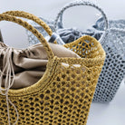 Woven metallic-thread summer basket with detachable lining, in gold or silver, 36 x 38 x 14 cm