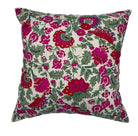 Hand-embroidered linen cushion cover with a bright floral design in red, pink and green, 45 x 45 cm