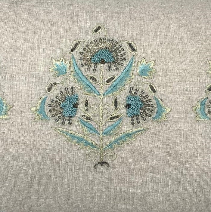 Linen cushion cover with three floral motifs in teal and silver silk with metalwork, 40 x 50 cm