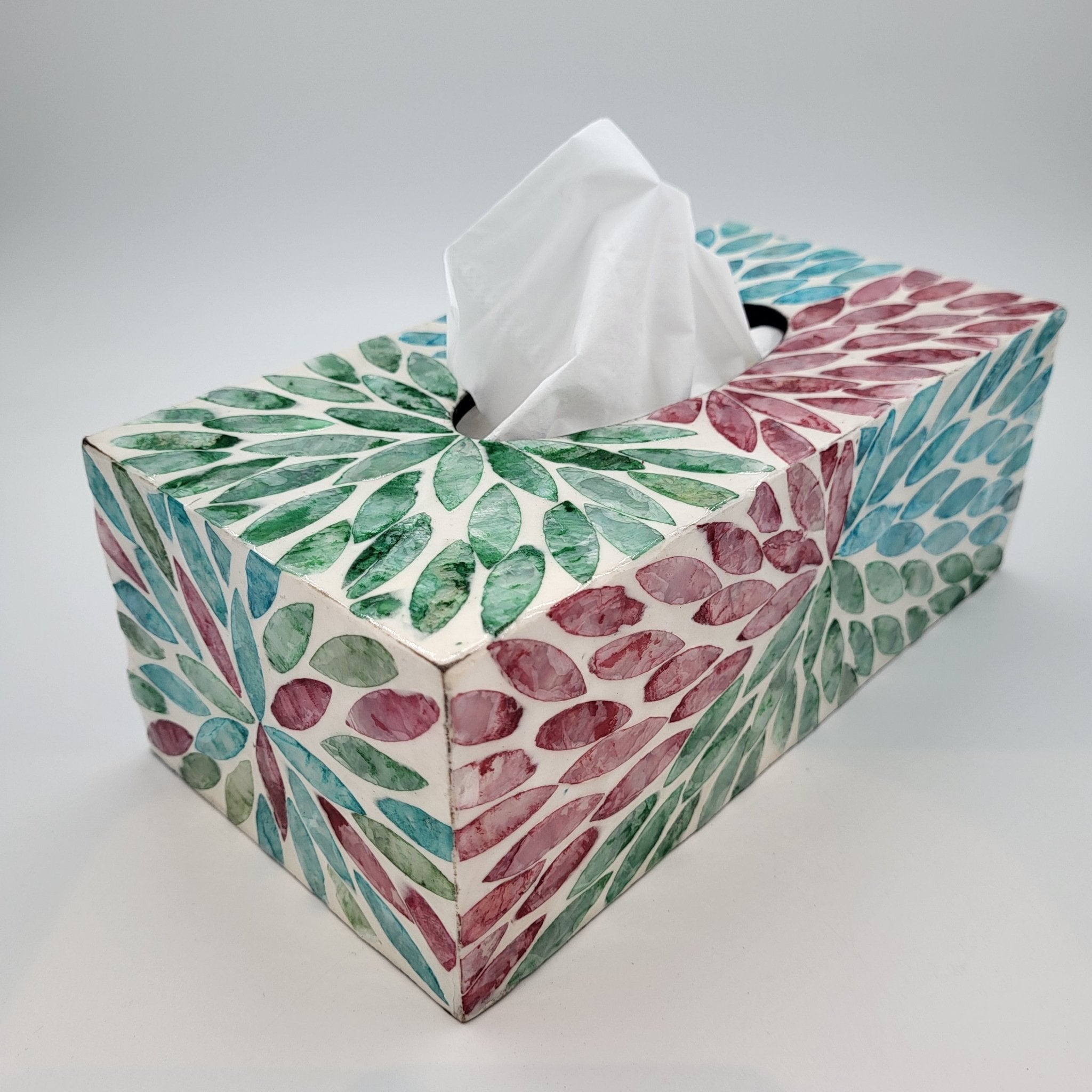 Handmade mother of pearl tissue box holder in iridescent turquoise, green and red, 24 x 12 x 9 cm