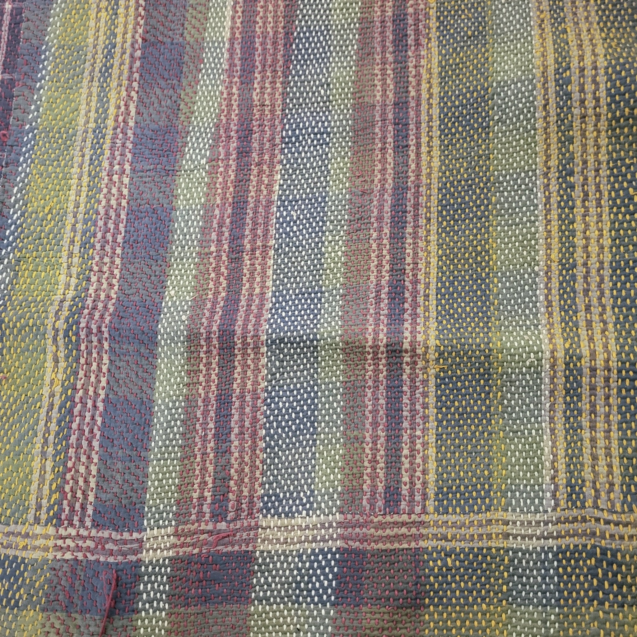 Reversible vintage cotton kantha quilt, moorland tones with faded yellow and red stripe reverse, 130 x 180 cm
