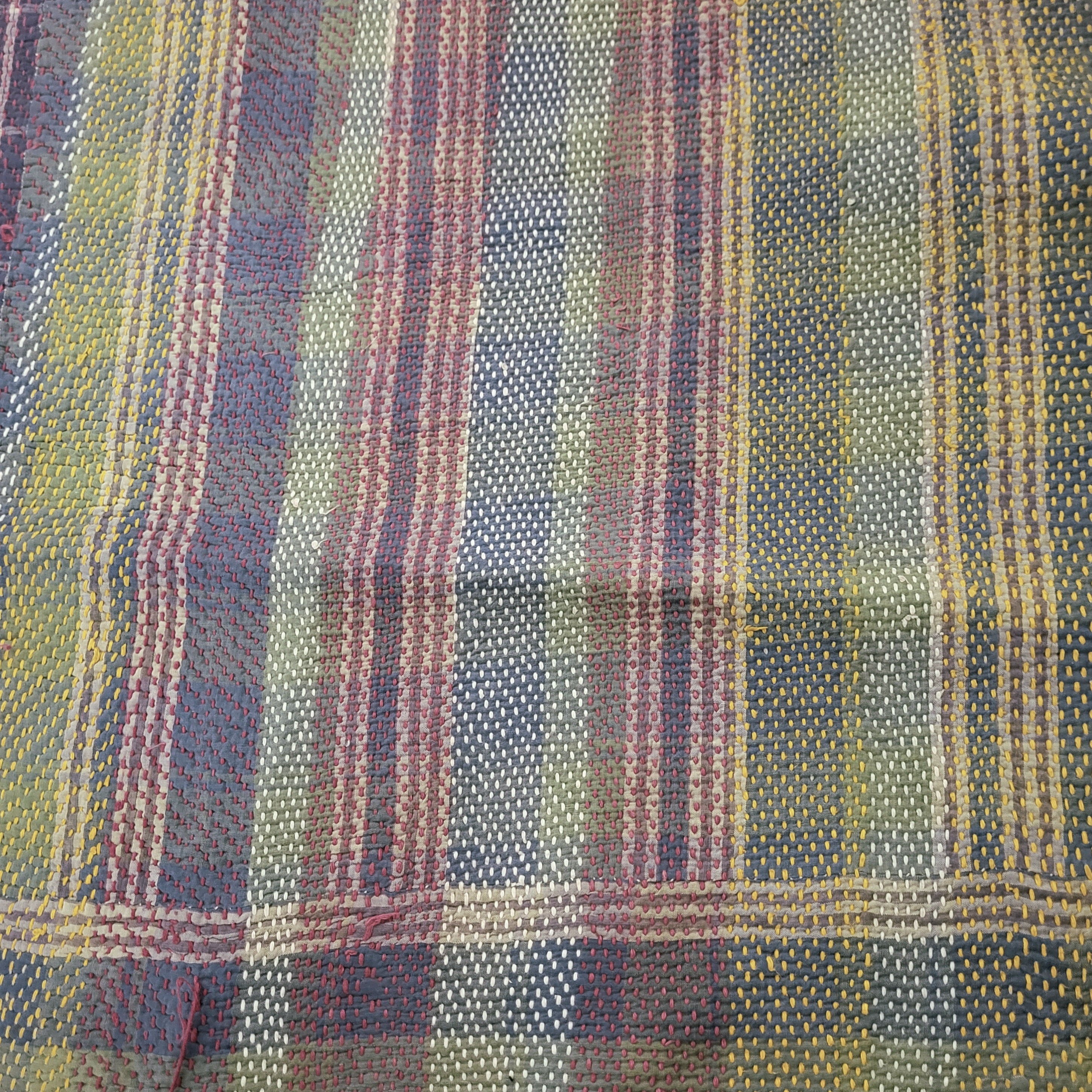 Reversible vintage cotton kantha quilt, moorland tones with faded yellow and red stripe reverse, 130 x 180 cm