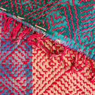 Reversible vintage cotton kantha quilt, turquoise with pink stitching and red and white check, 126 x 200 cm