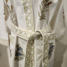 Cotton waffle bathrobe with block print pattern, contrasting trim and belt, length 110 cm