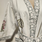 Block Print Waffle Bathrobe, styled in a room setting, from the Inside Living Singapore homeware collection.