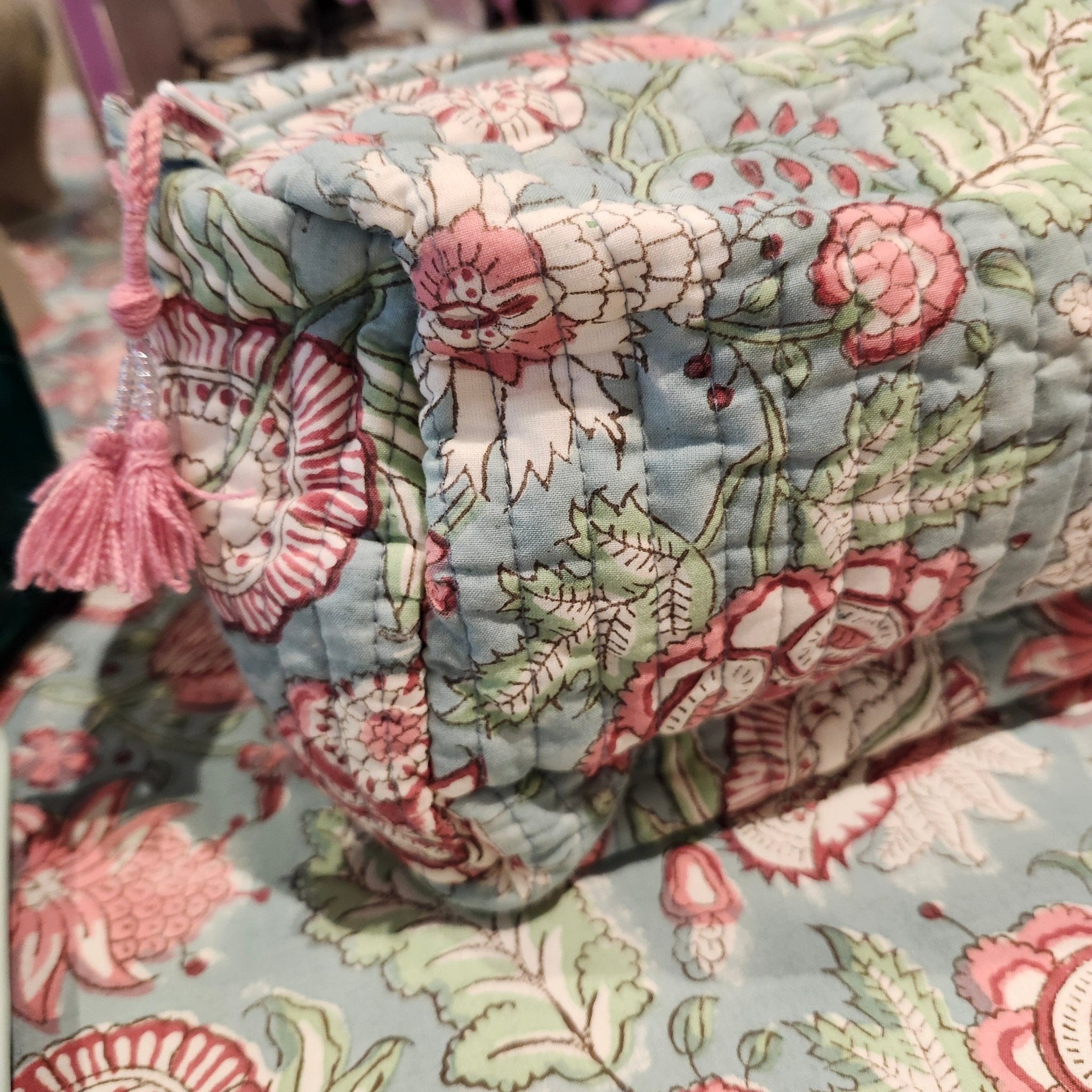 Block print cotton wash bag in hibiscus design, handmade toiletry and travel pouch for bathroom essentials, detail view