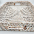 Large rectangular rattan serving or display tray in a whitewash finish, 47 x 38 x 8.5 cm
