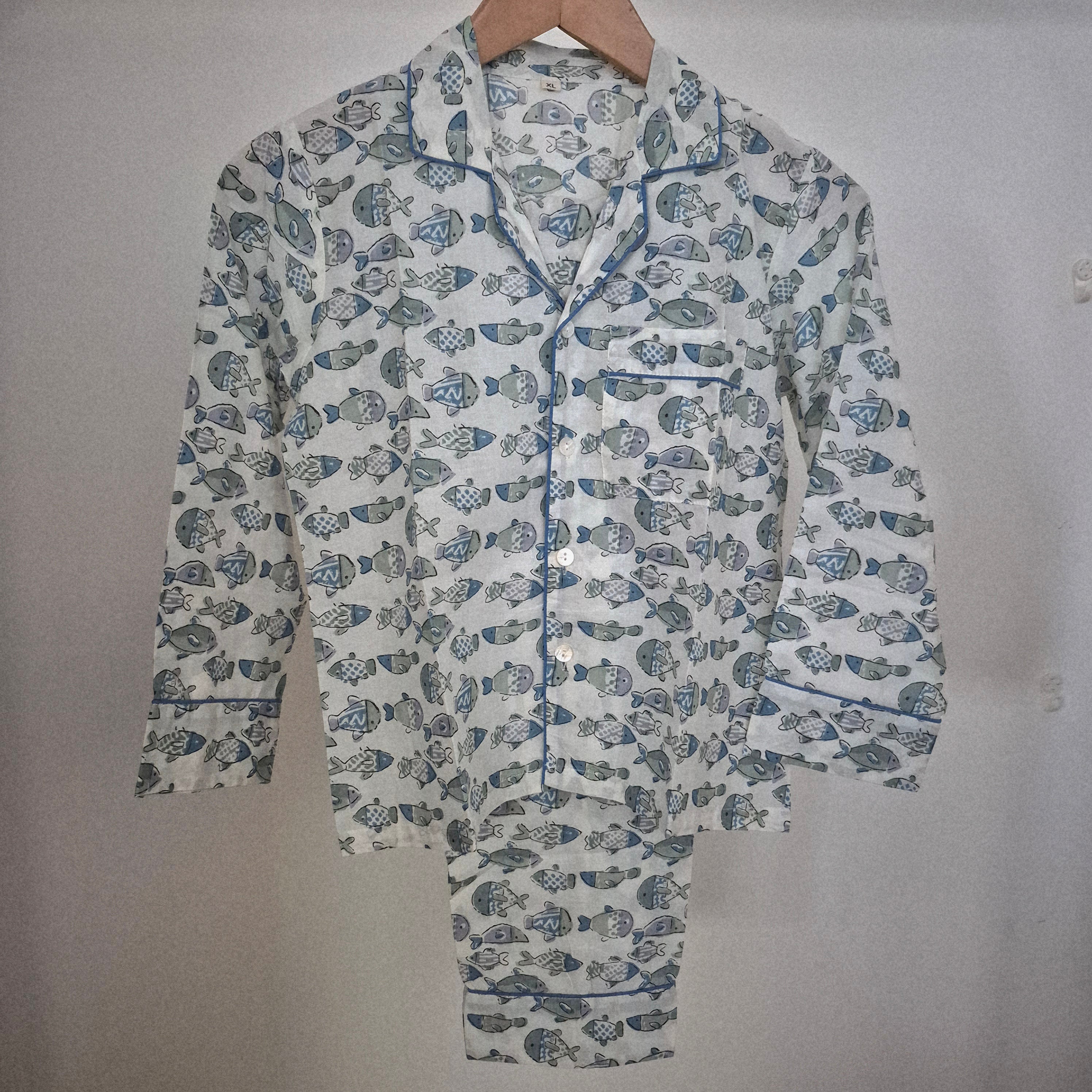 Block print cotton kids long pyjama set in fish design, handmade lightweight childrens nightwear, alternative view