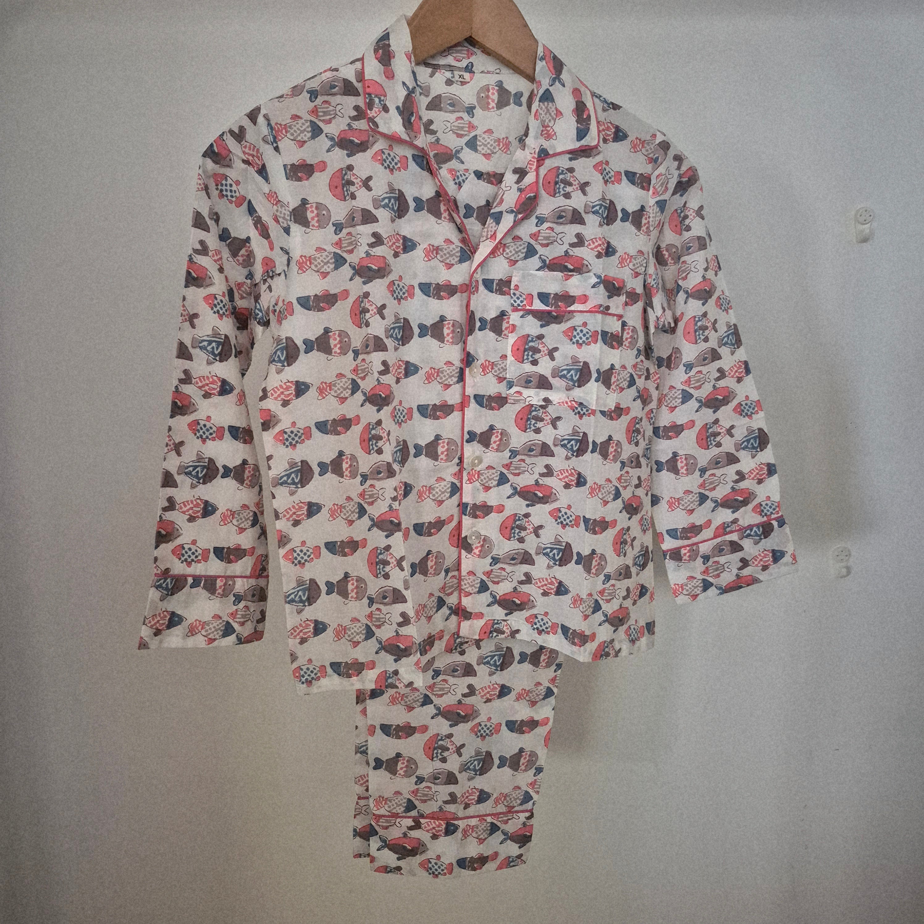 Block print cotton kids long pyjama set in fish design, handmade lightweight childrens nightwear, close-up view