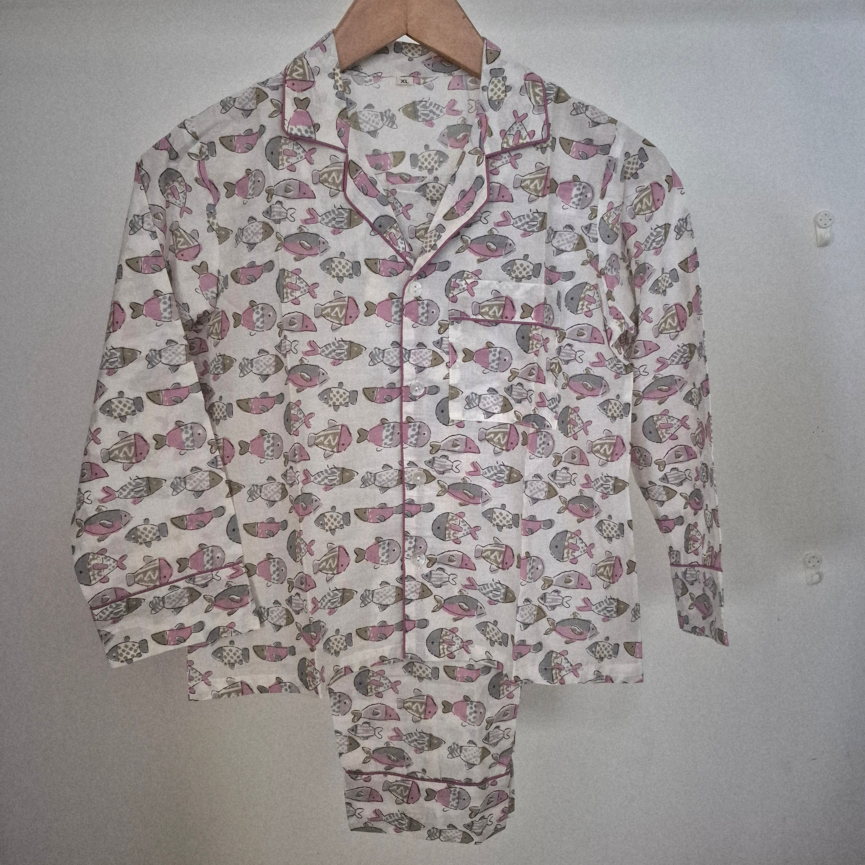 Block print cotton kids long pyjama set in fish design, handmade lightweight childrens nightwear, styled view