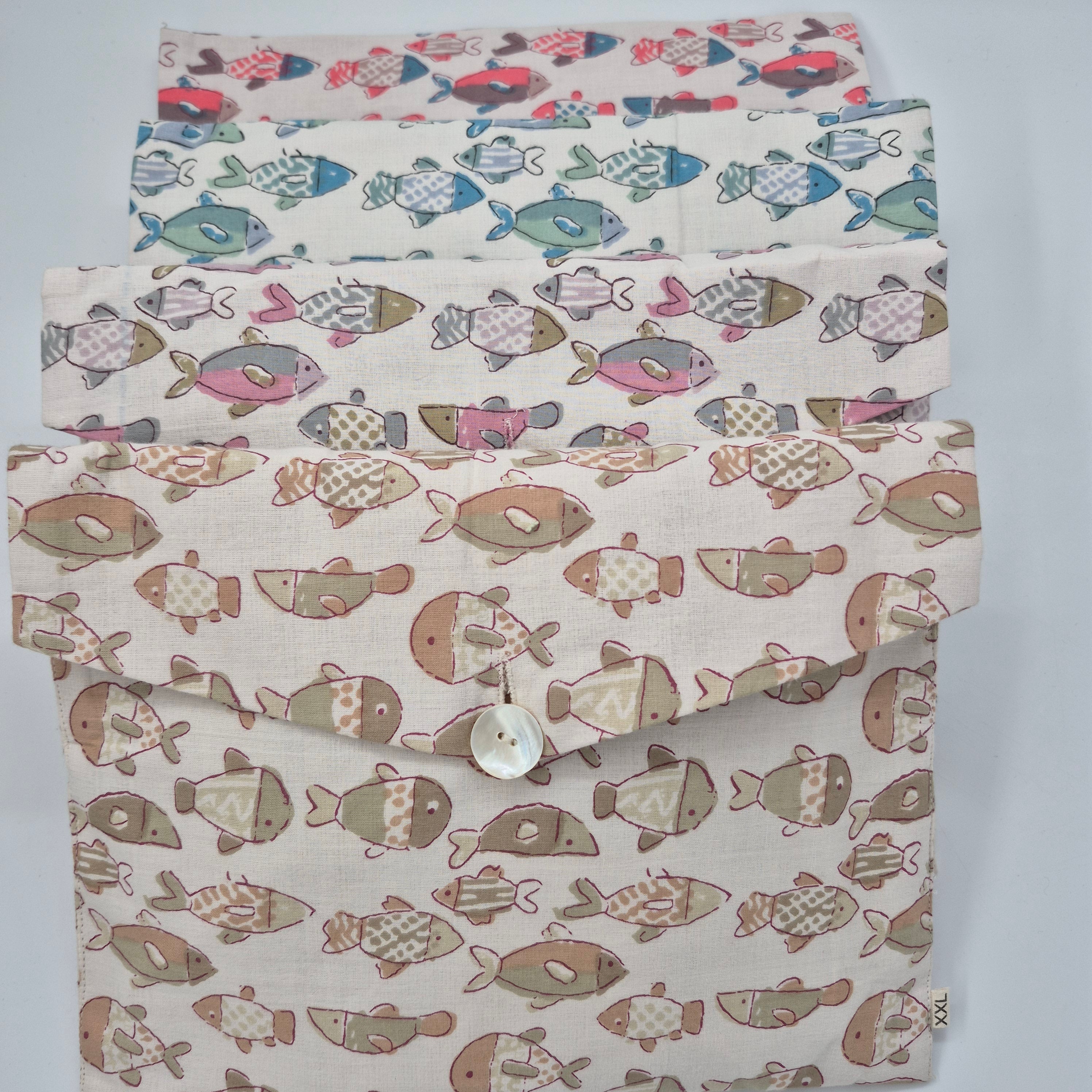 Block print cotton kids long pyjama set in fish design, handmade lightweight childrens nightwear