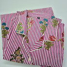 Block print cotton short pyjama set in floral stripe, handmade lightweight nightwear with printed pattern