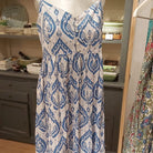 Tropical-inspired block-printed sundress, handmade in one size, light and cool for warm weather
