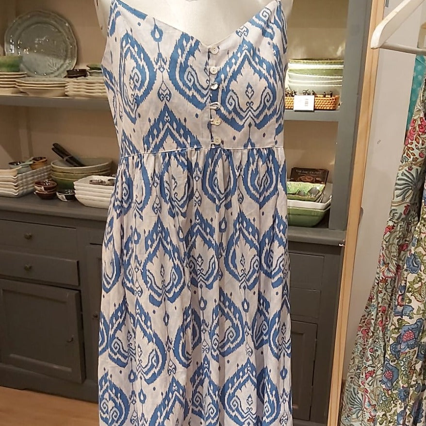Tropical-inspired block-printed sundress, handmade in one size, light and cool for warm weather