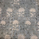 Block printed cotton tablecloth in grey with white carnation flowers, in square or rectangular sizes