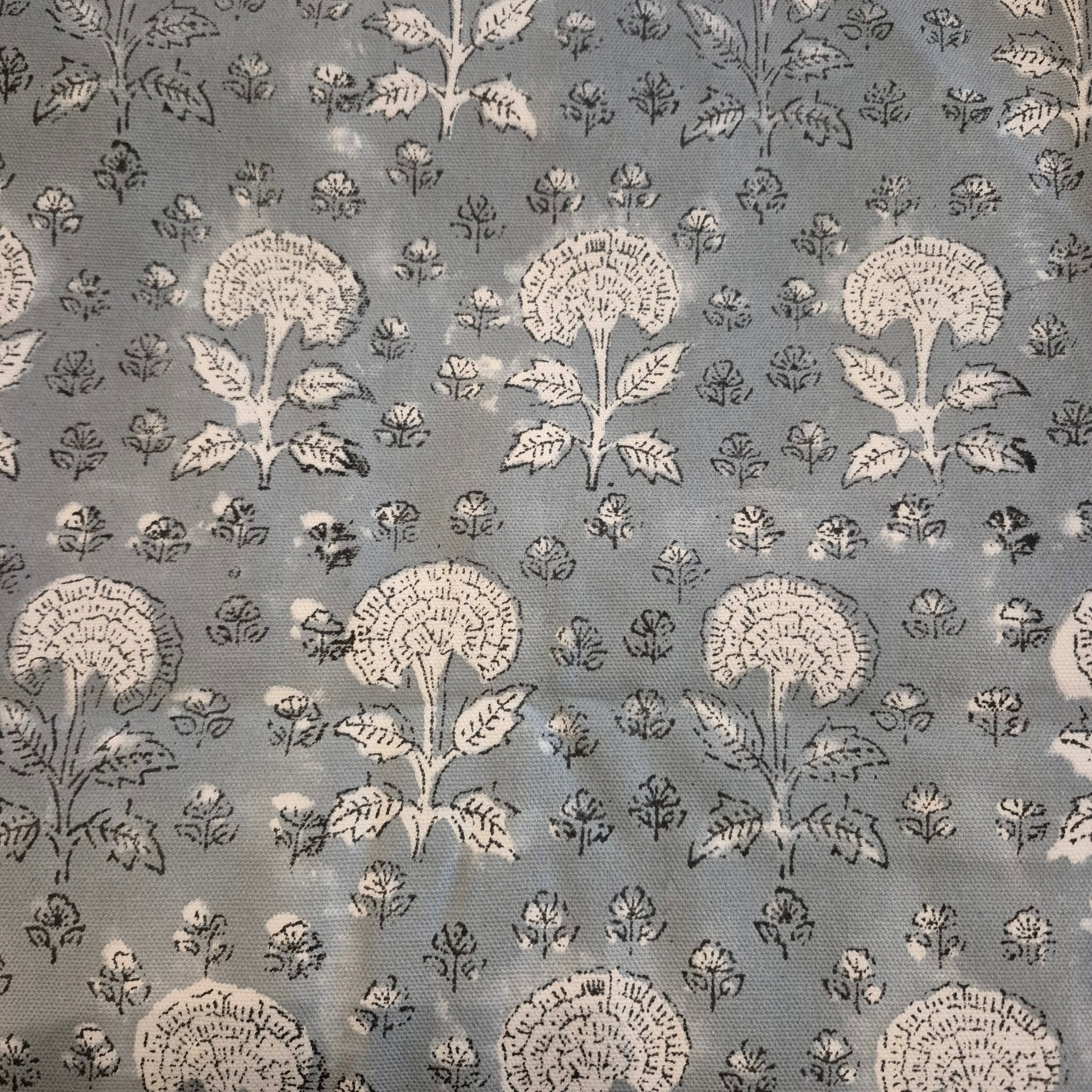 Block printed cotton tablecloth in grey with white carnation flowers, in square or rectangular sizes