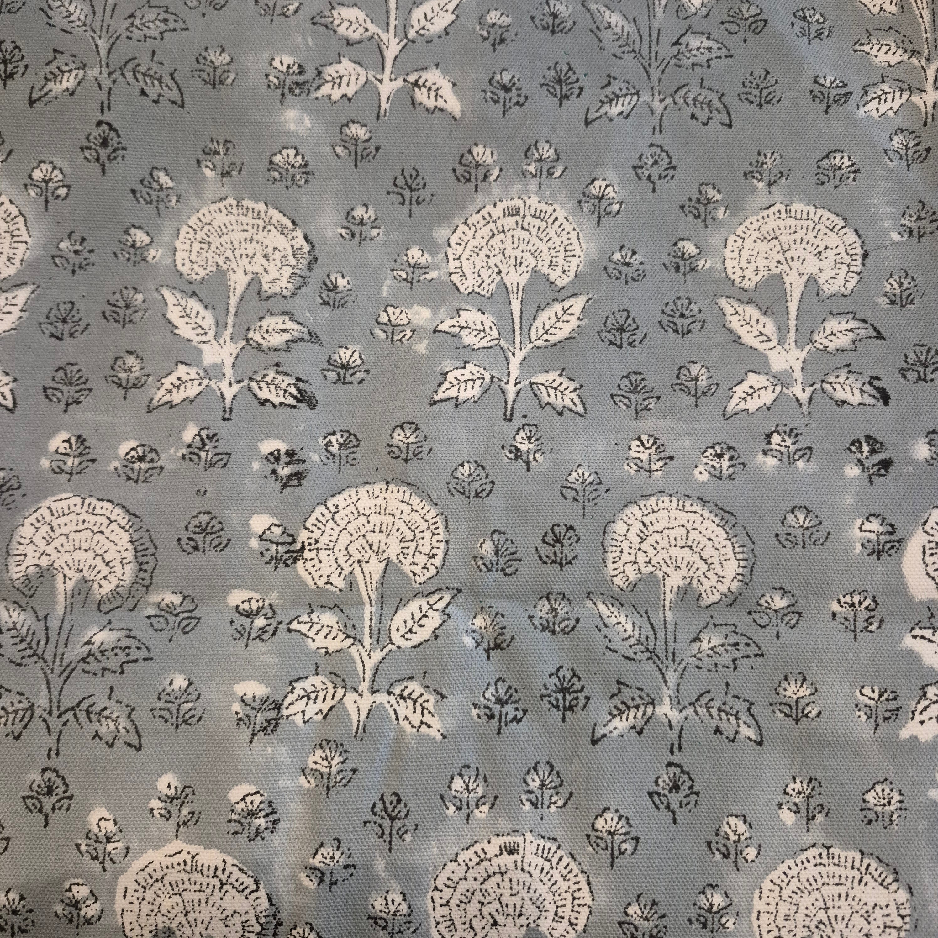 Block printed cotton tablecloth in grey with white carnation flowers, in square or rectangular sizes