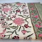 Block print cotton tablecloth with pink and burgundy flowers on cream with olive border, various sizes