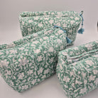 Block print cotton wash bag in floral green, handmade toiletry and travel pouch for bathroom essentials