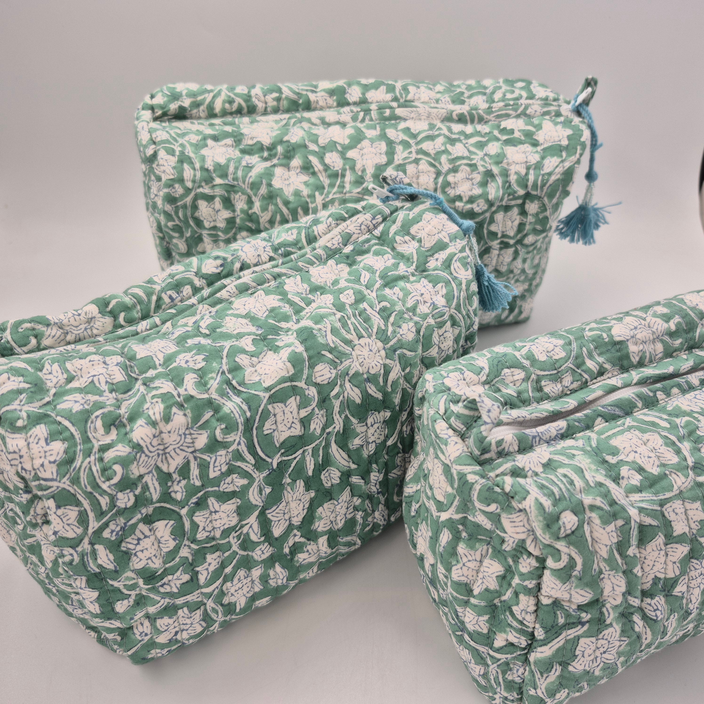 Block print cotton wash bag in floral green, handmade toiletry and travel pouch for bathroom essentials