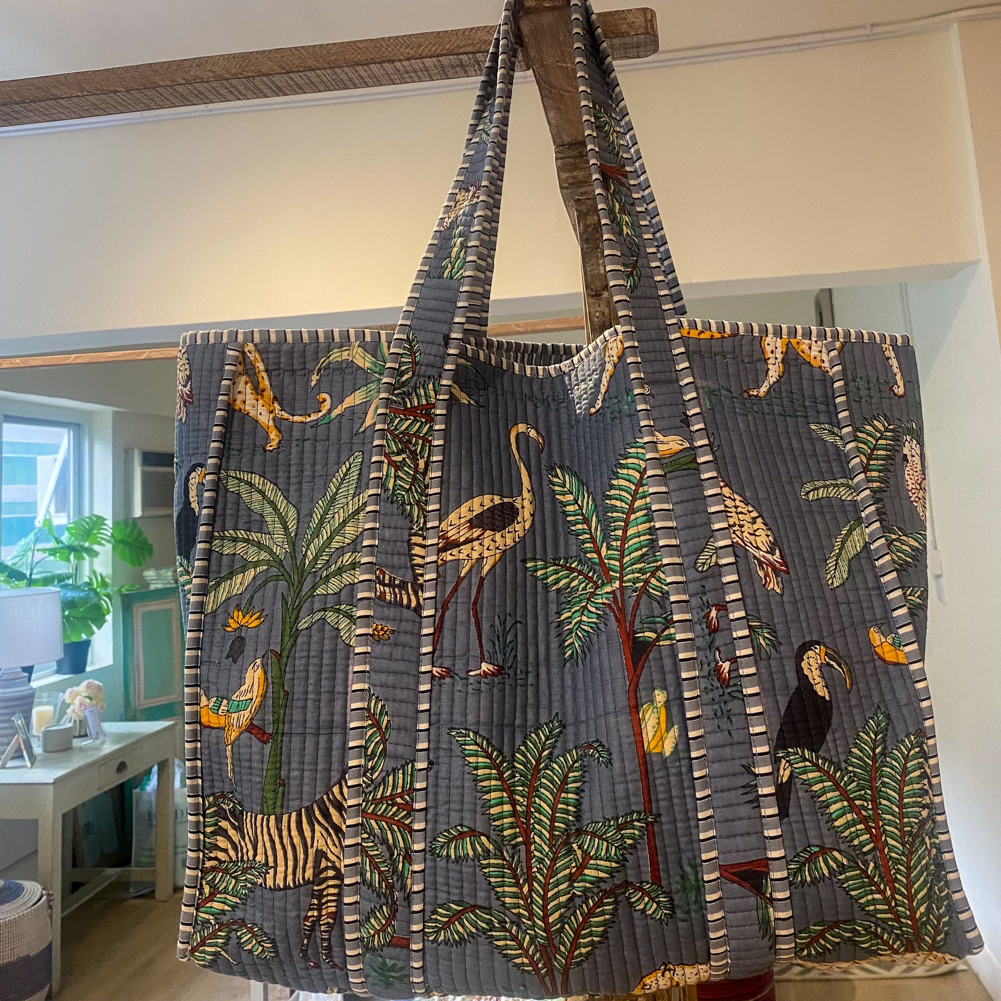 Block Print Shopper Bag Safari, part of the Handbags collection at Inside Living Singapore, displayed in a room setting.