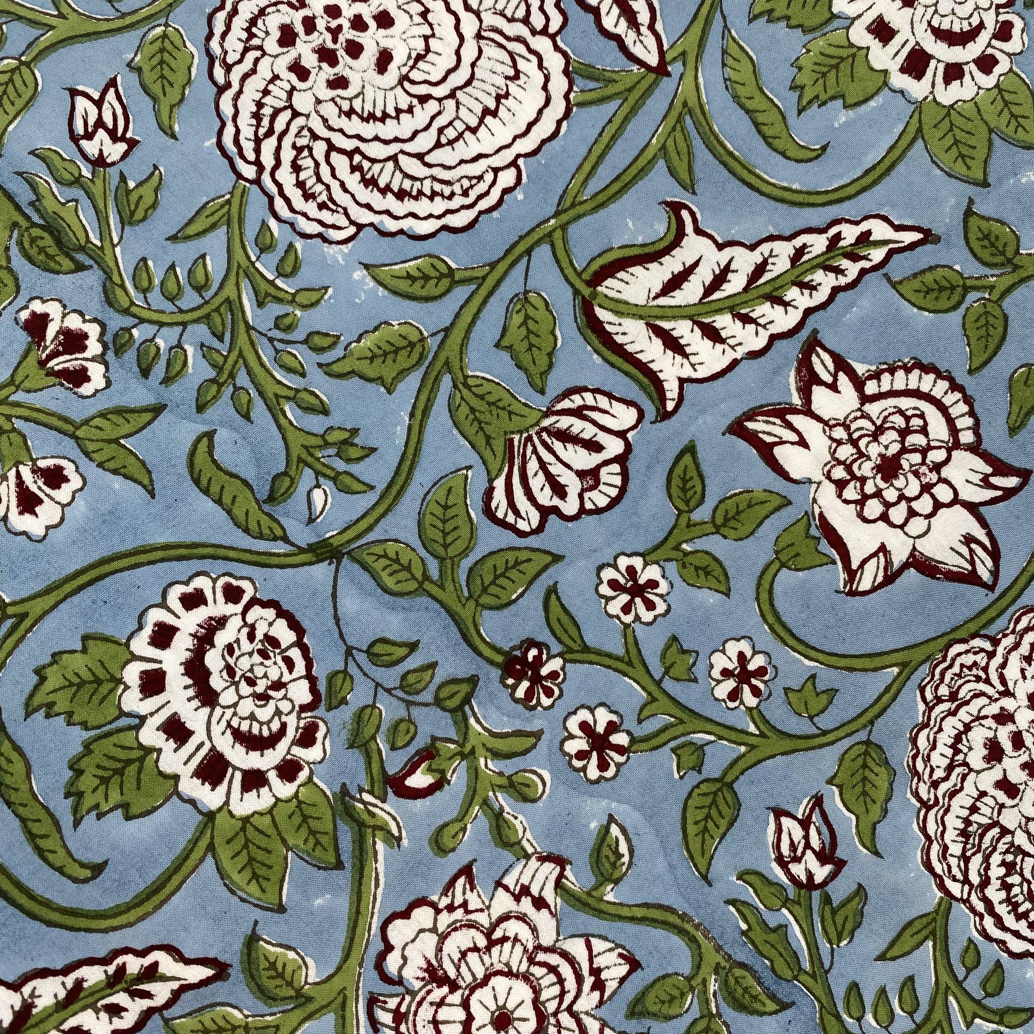 Block-print cotton tablecloth in blue floral design