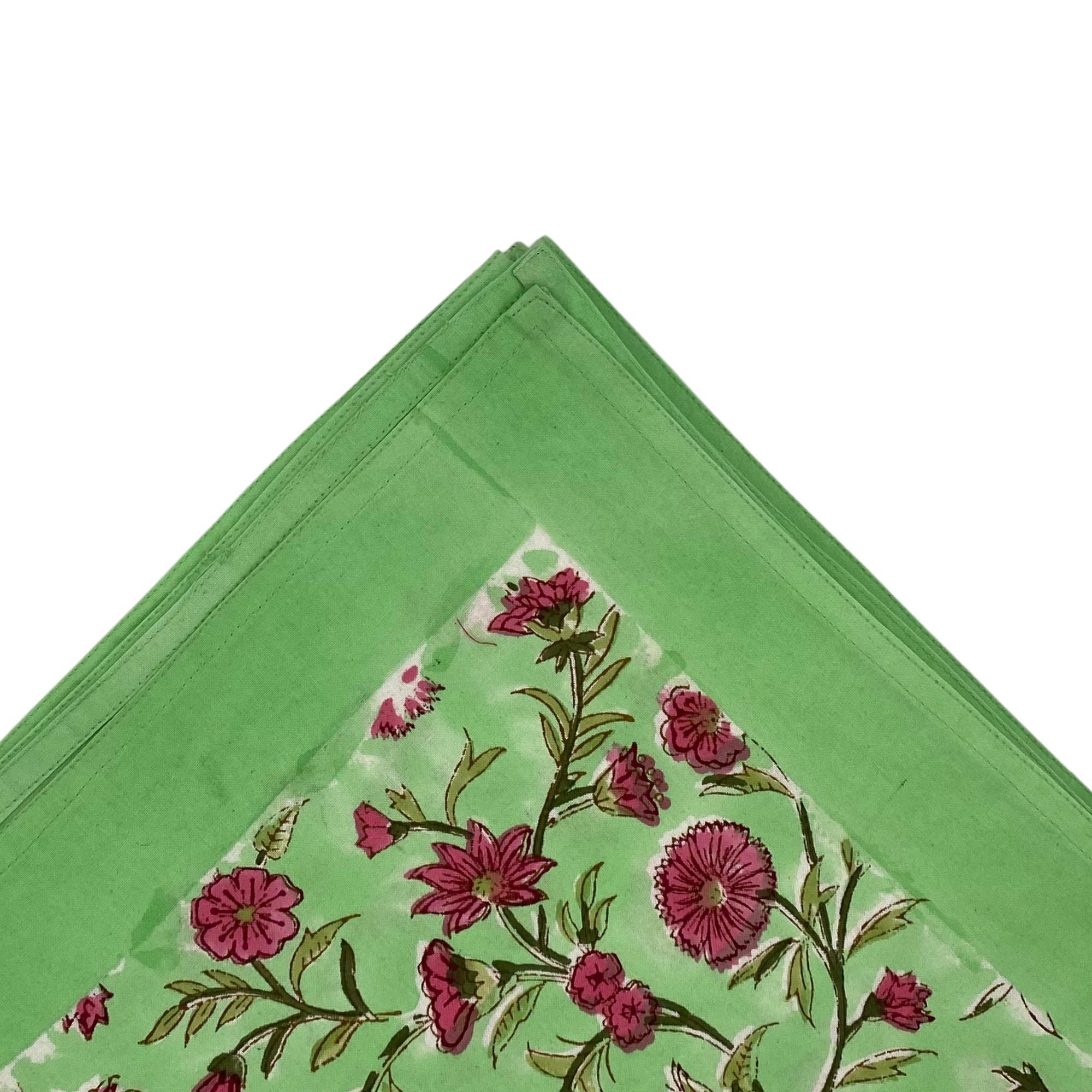 Cotton block-printed tablecloth in vibrant mint green with deep pink flowers, available in seven sizes