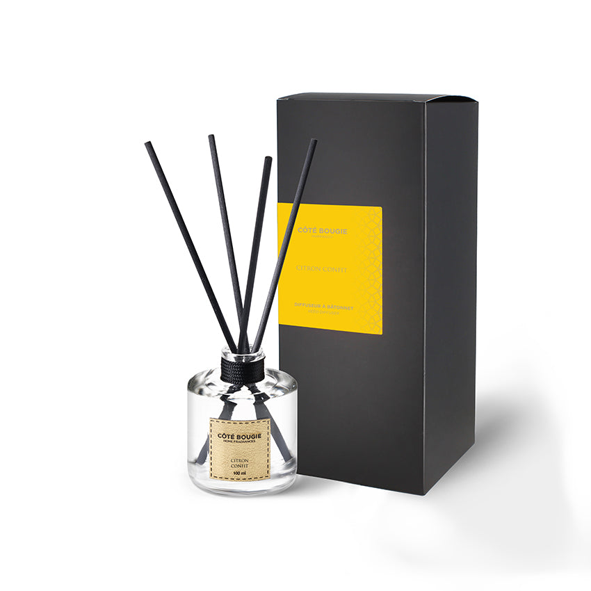 Scented reed diffuser in Lemon Confit, fragrant reed diffuser with a zesty lemon scent for lasting home fragrance.