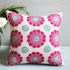 Hand-embroidered linen suzani cushion cover in pink and turquoise with metal sequins, 45 x 45 cm