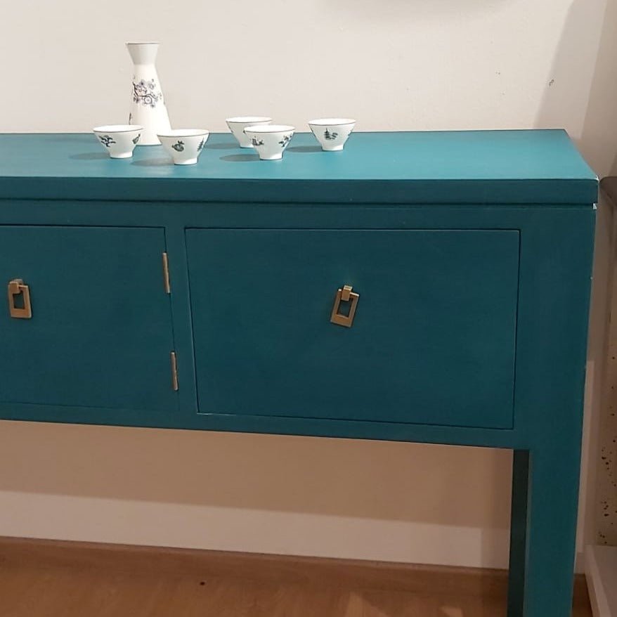 Console table in peacock blue, 180 x 90 x 45 cm, a statement piece for a hallway or living room